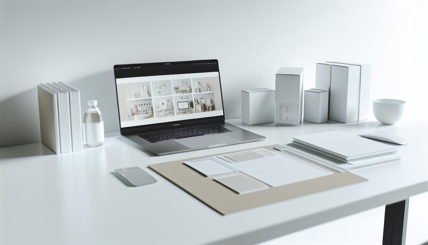 Minimalist desk with laptop and beautifully packaged products ready to ship