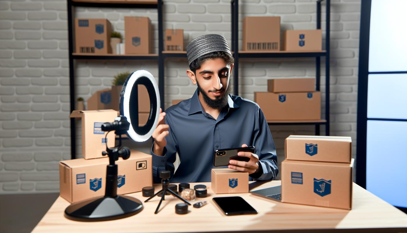 Content creator workspace with shipping packages ready for fulfillment