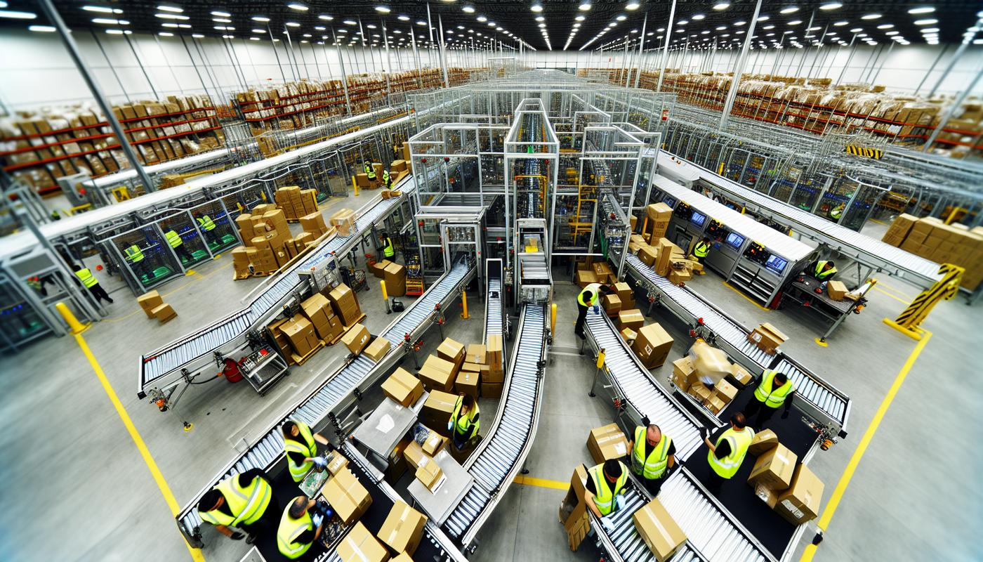 Large-scale fulfillment operation with conveyor belts and automated sorting